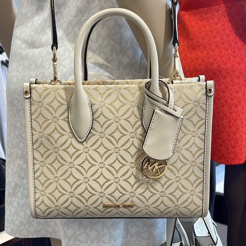 Michael Kors Mirella Small Metallic Logo Jacquard Crossbody Bag
Light Cream 
NWT - Picture 4 of 16